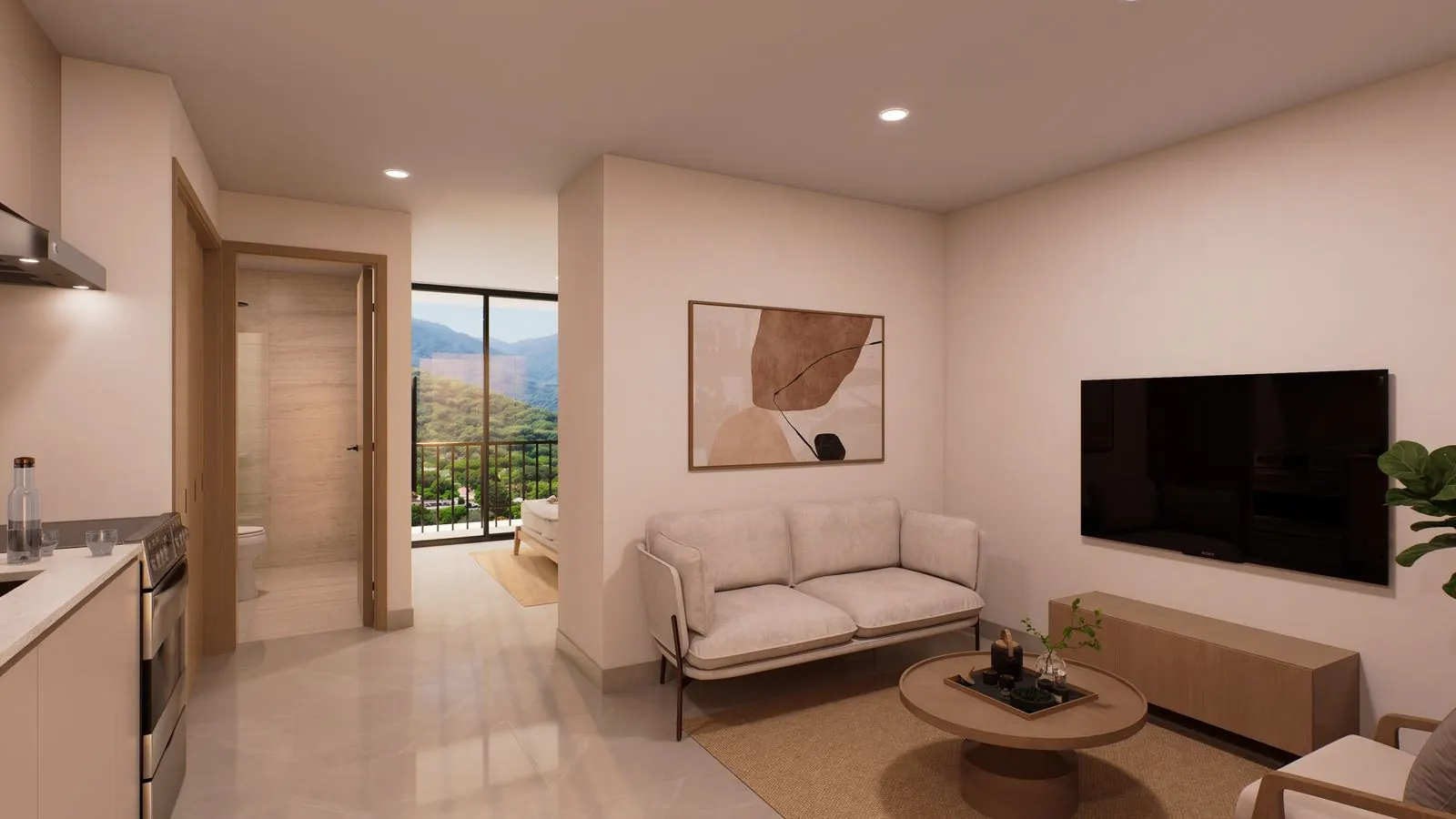 Sala y cocina, Apto. 1 habitación, render referencial