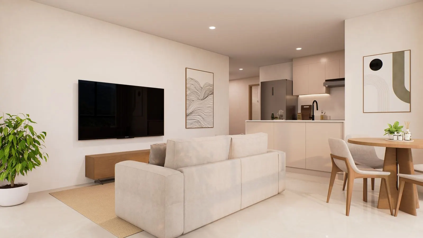 Sala, comedor y cocina, Apto. 2 habitaciones, render referencial