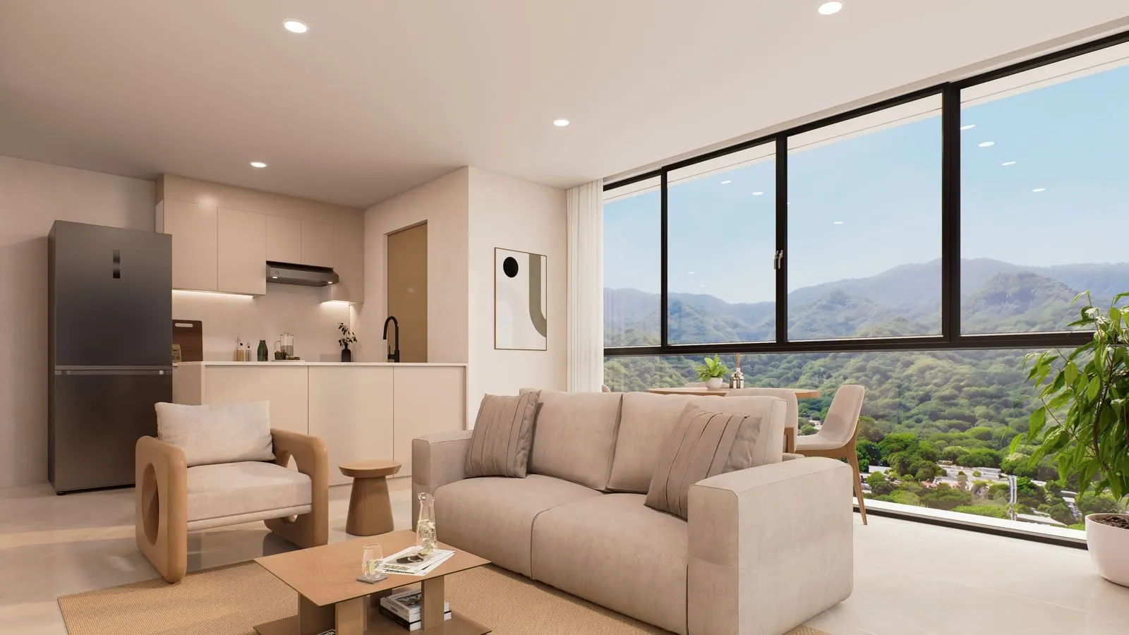 Sala y cocina, Apto. 2 habitaciones, render referencial