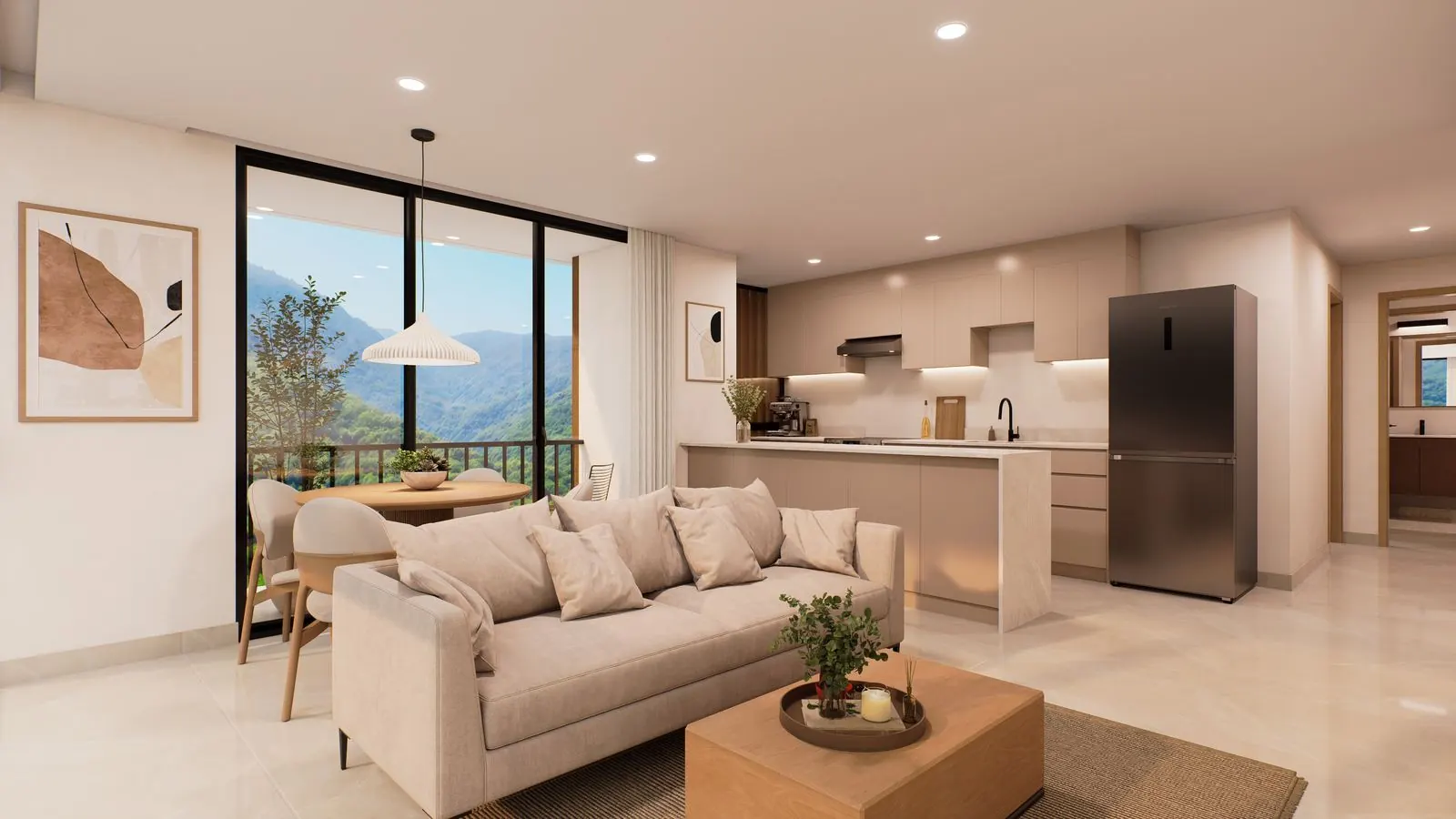Sala y comedor, Apto. 3 habitaciones, render referencial