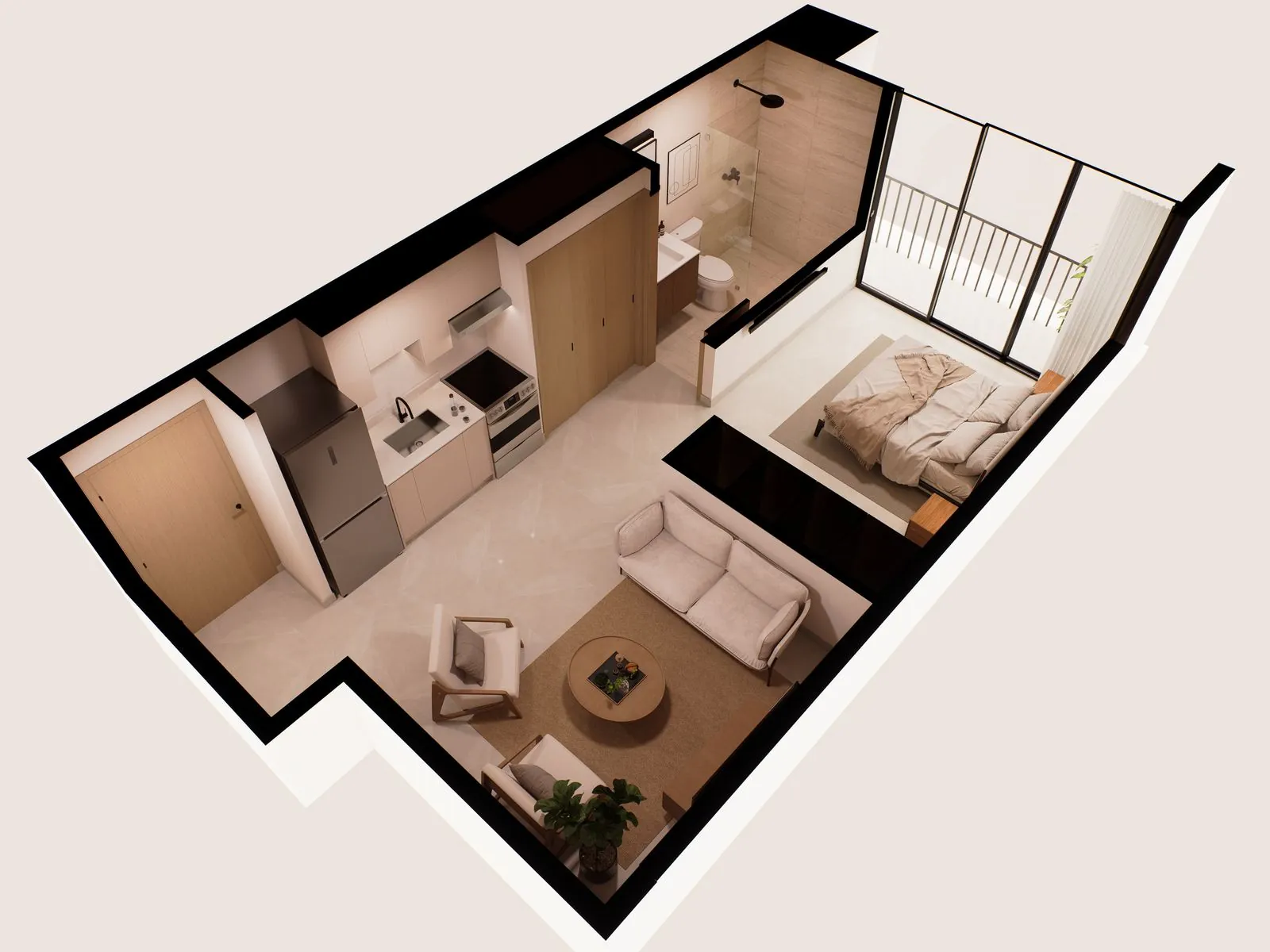 Planta 3D del apartamento de 1 habitación, render referencial