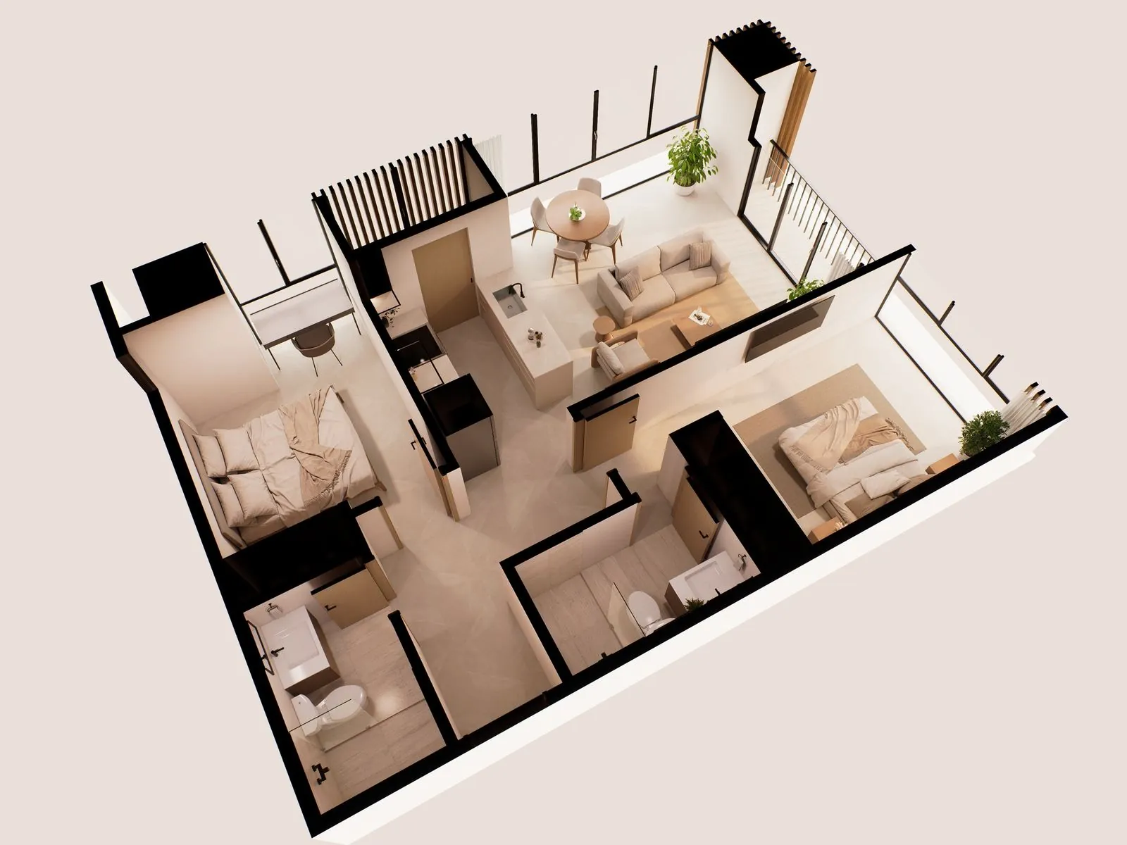 Planta 3D del apartamento de 2 habitaciones, render referencial
