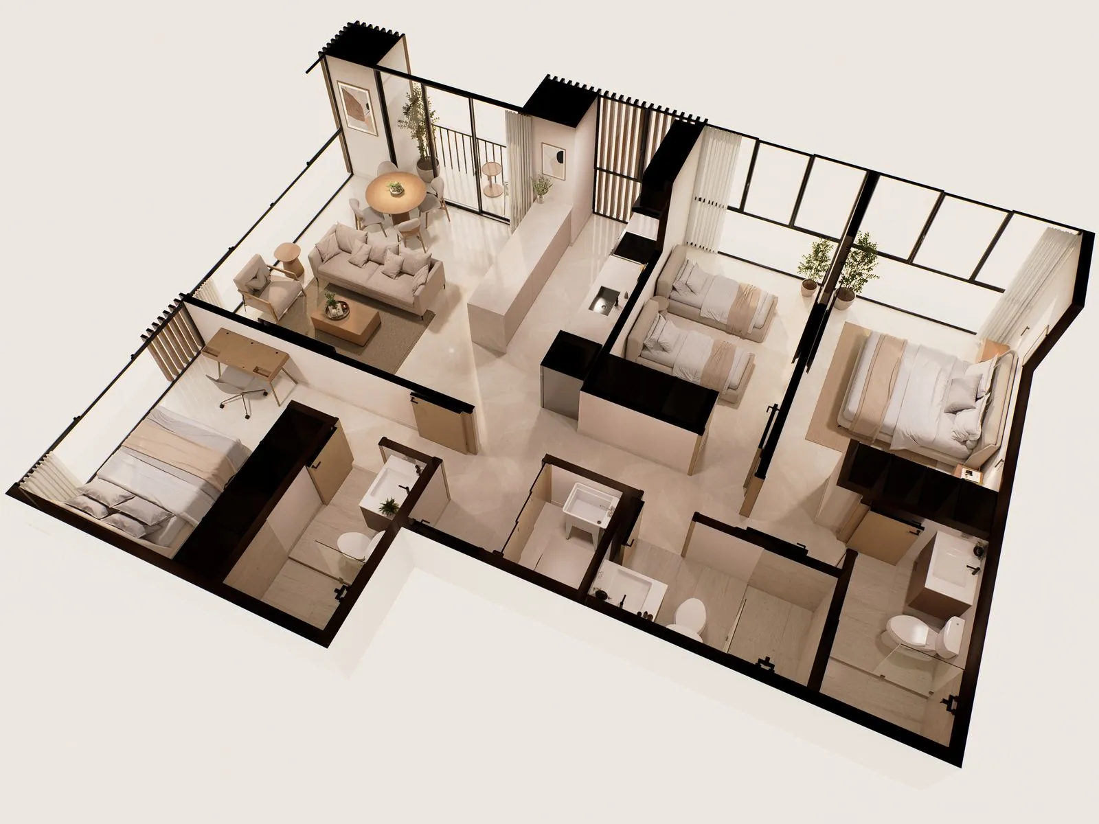 Planta 3D del apartamento de 3 habitaciones, render referencial